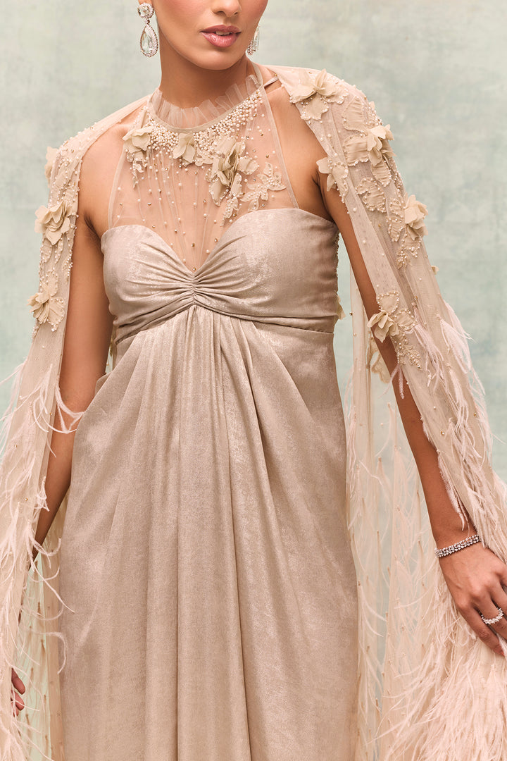 A-Line Dress with Feather Cape
