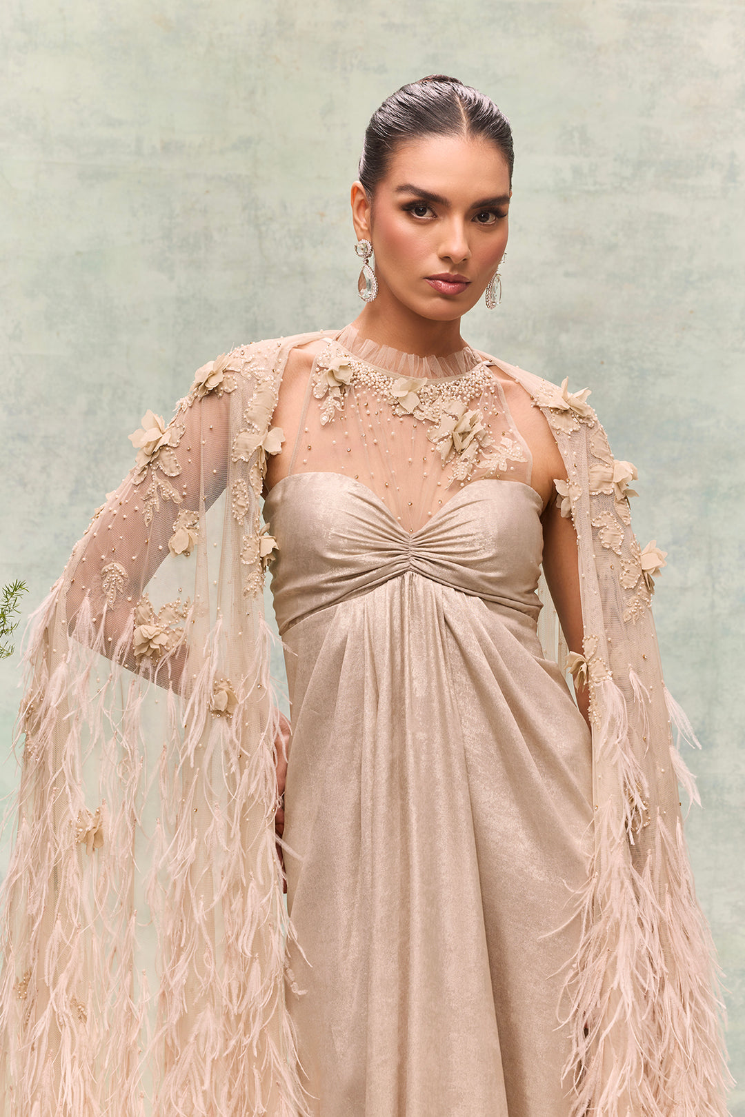 A-Line Dress with Feather Cape Champagne / US 2 A-Line Dress with Feather Cape Champagne / US 2