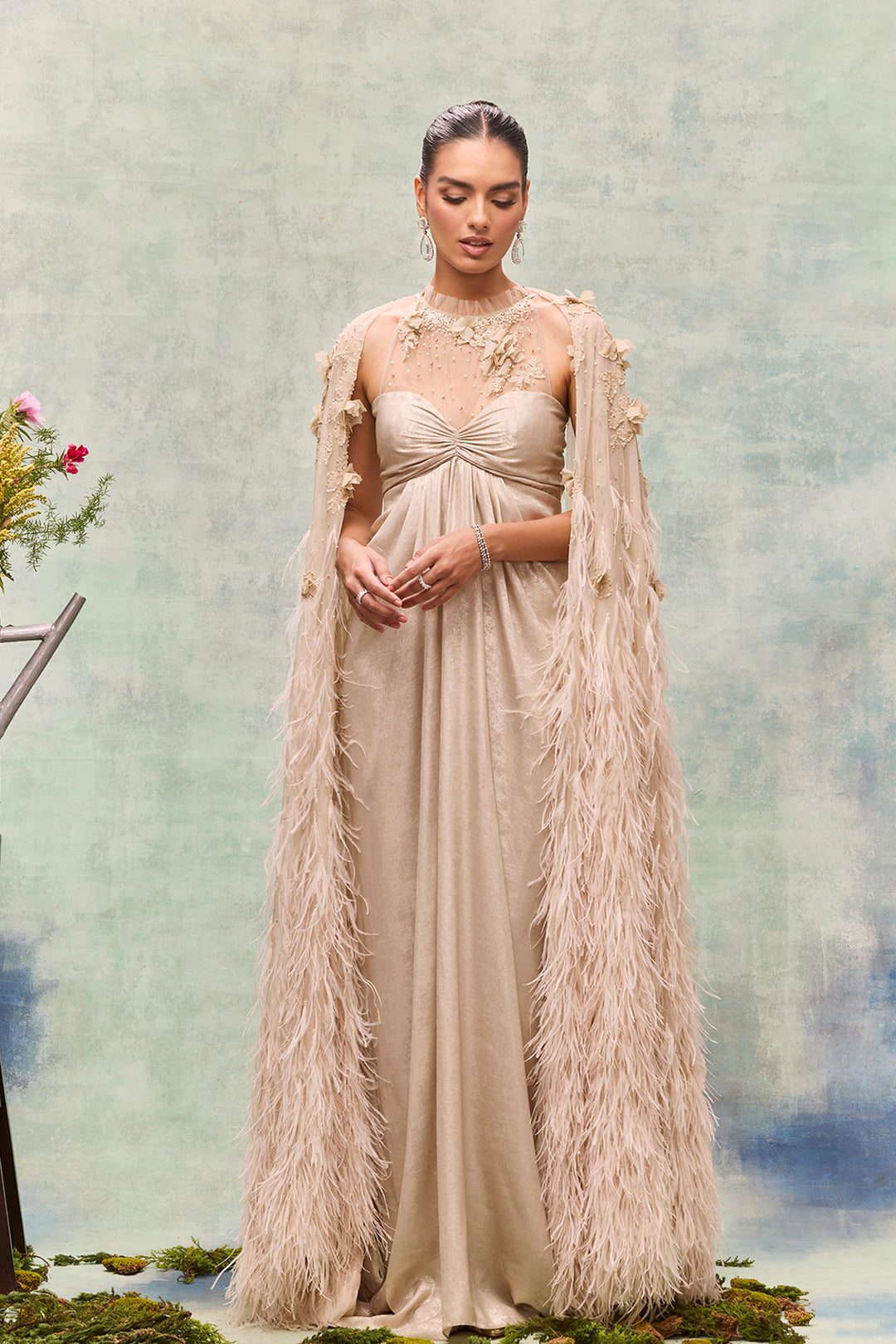 A-Line Dress with Feather Cape Champagne / US 2 A-Line Dress with Feather Cape Champagne / US 2