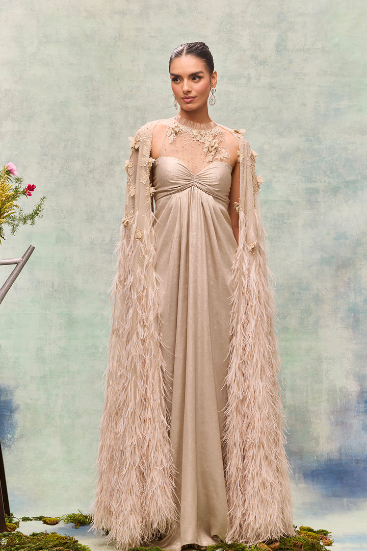 A-Line Dress with Feather Cape