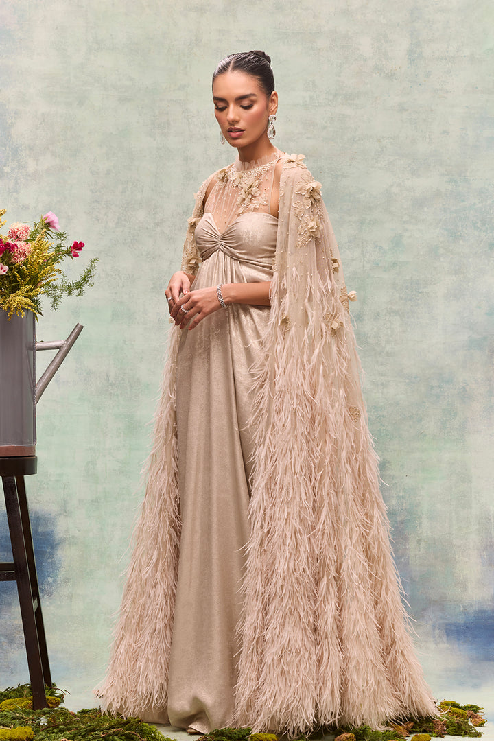 A-Line Dress with Feather Cape