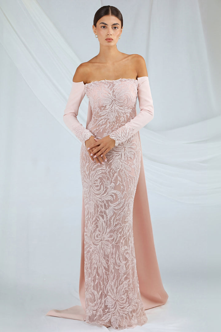 Off-the-Shoulder Embroidered Tulle Dress with Cape