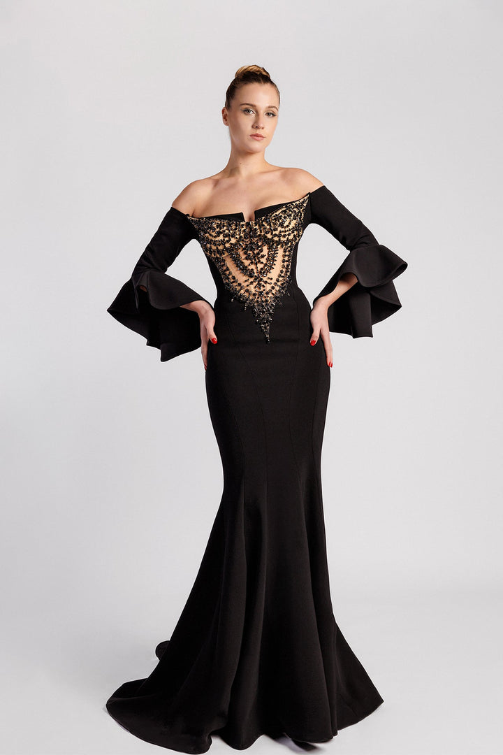 Off-The-Shoulder Mermaid Dress with Stone Embroidery and Flared Cuffs