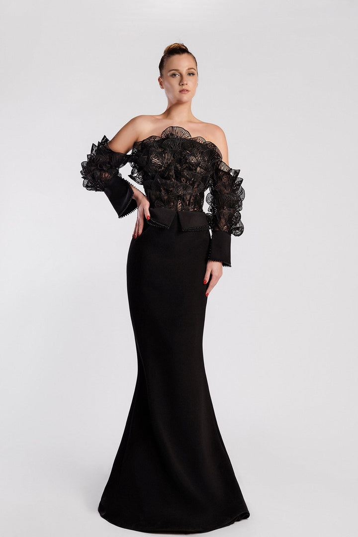 Off-The-Shoulder Mermaid Dress with Laser-Cut Petals and Black Pearls