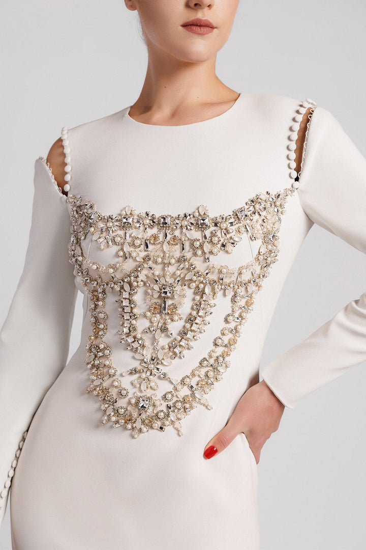 Long-Sleeved Straight-Cut Dress with Embroidery and Open Back