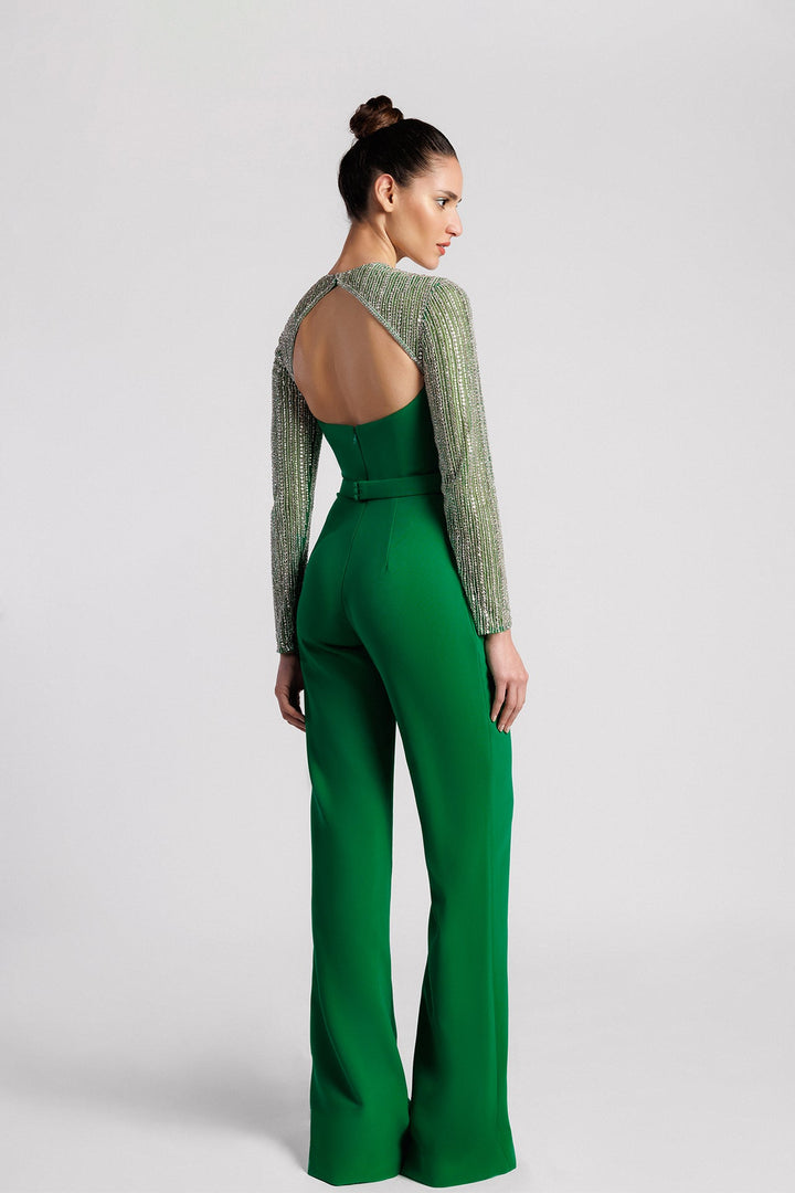 Jumpsuit, Jewel Neckline, Embroidered Sleeves, Crepe Bodice, Flared Pants