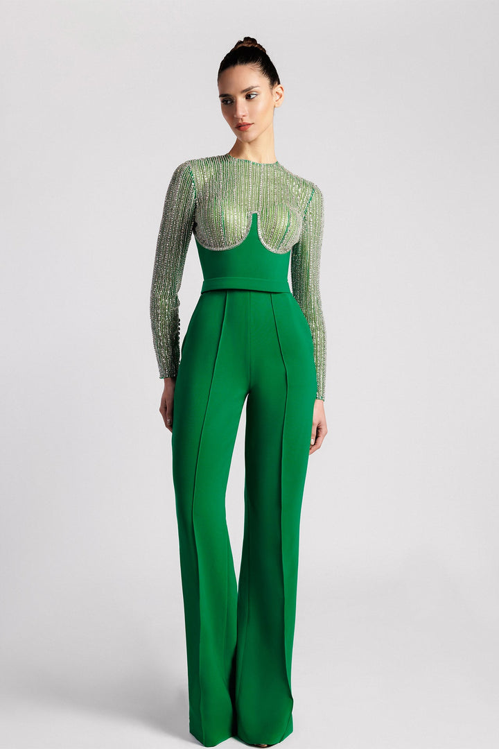 Jumpsuit, Jewel Neckline, Embroidered Sleeves, Crepe Bodice, Flared Pants