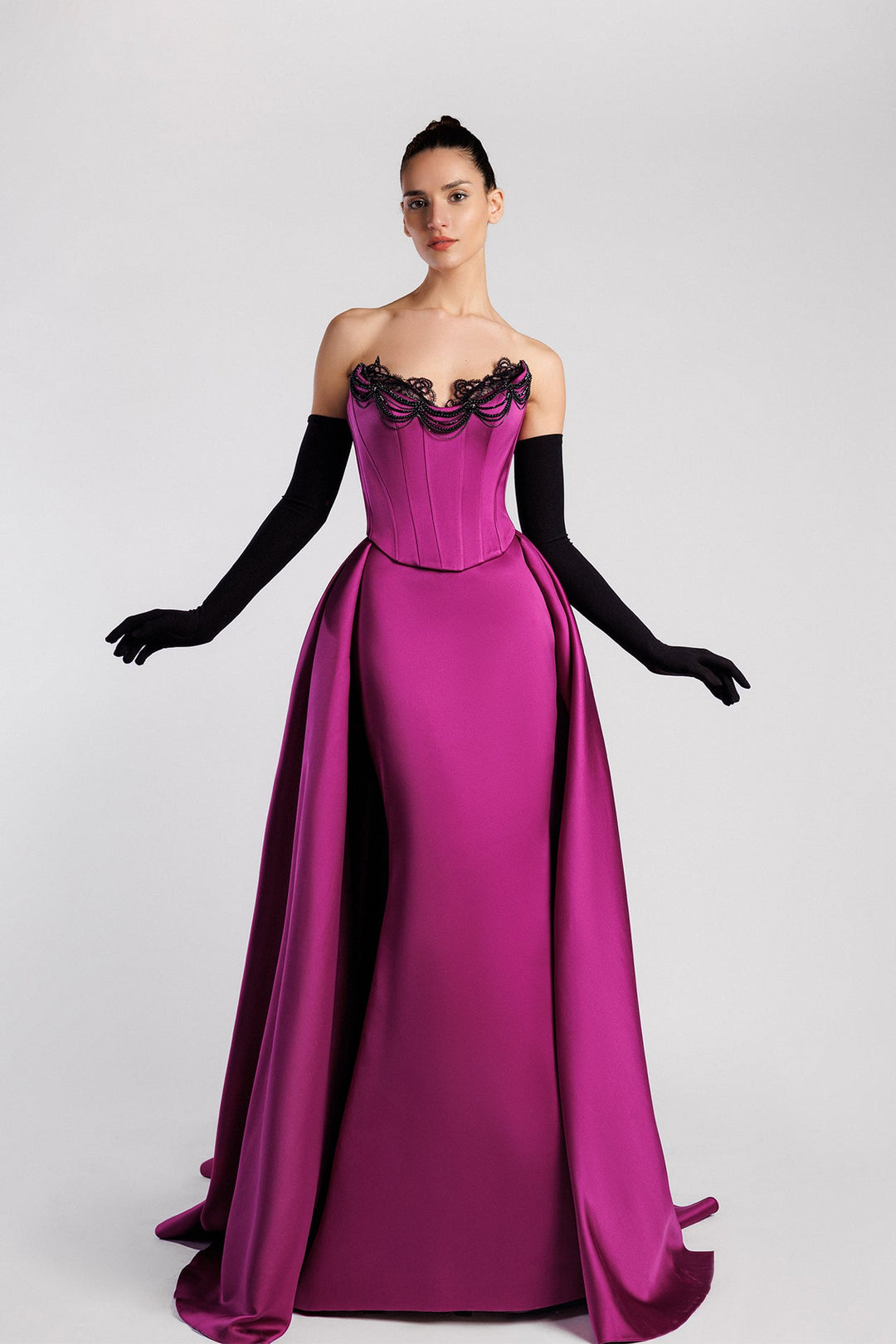 Strapless Mermaid Dress, Corset Bodice, Lace, Chains, Overskirt, Gloves Fuchsia / FR 44