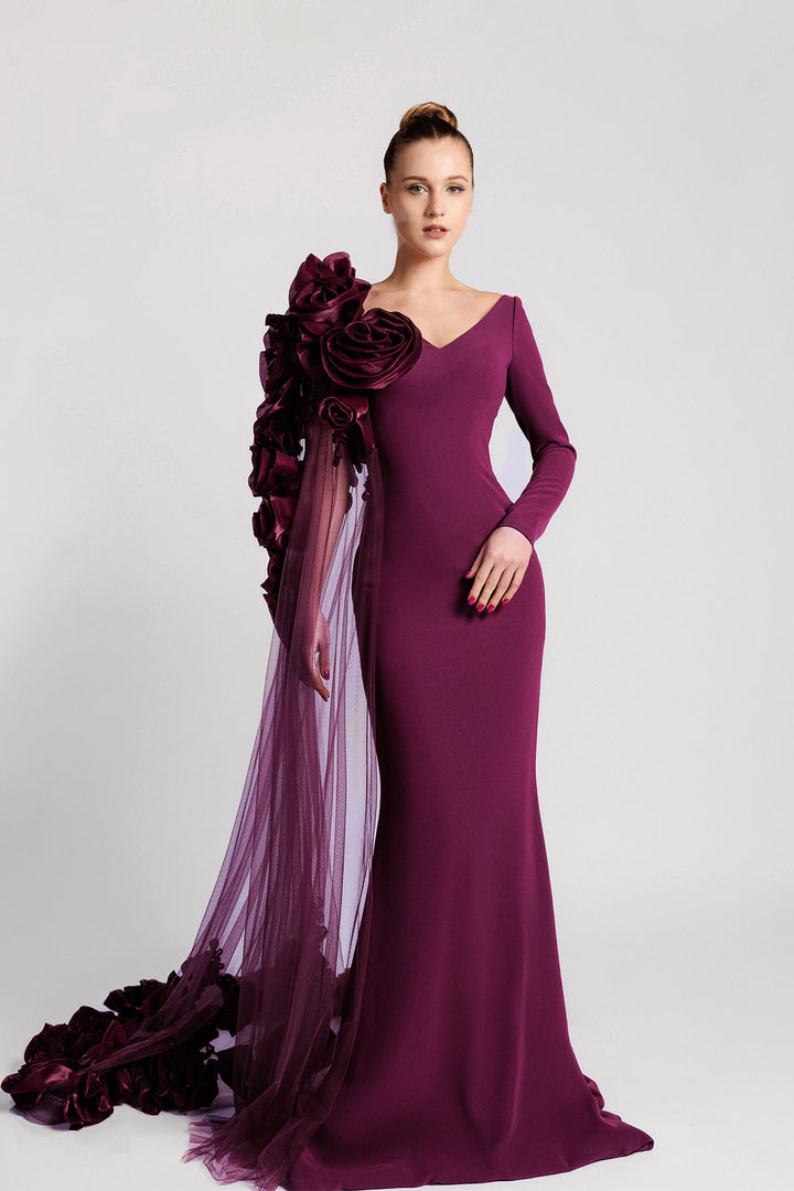 Wine Red Mermaid Dress, Wide V Neckline, Fitted Bodice, Cape Sleeve