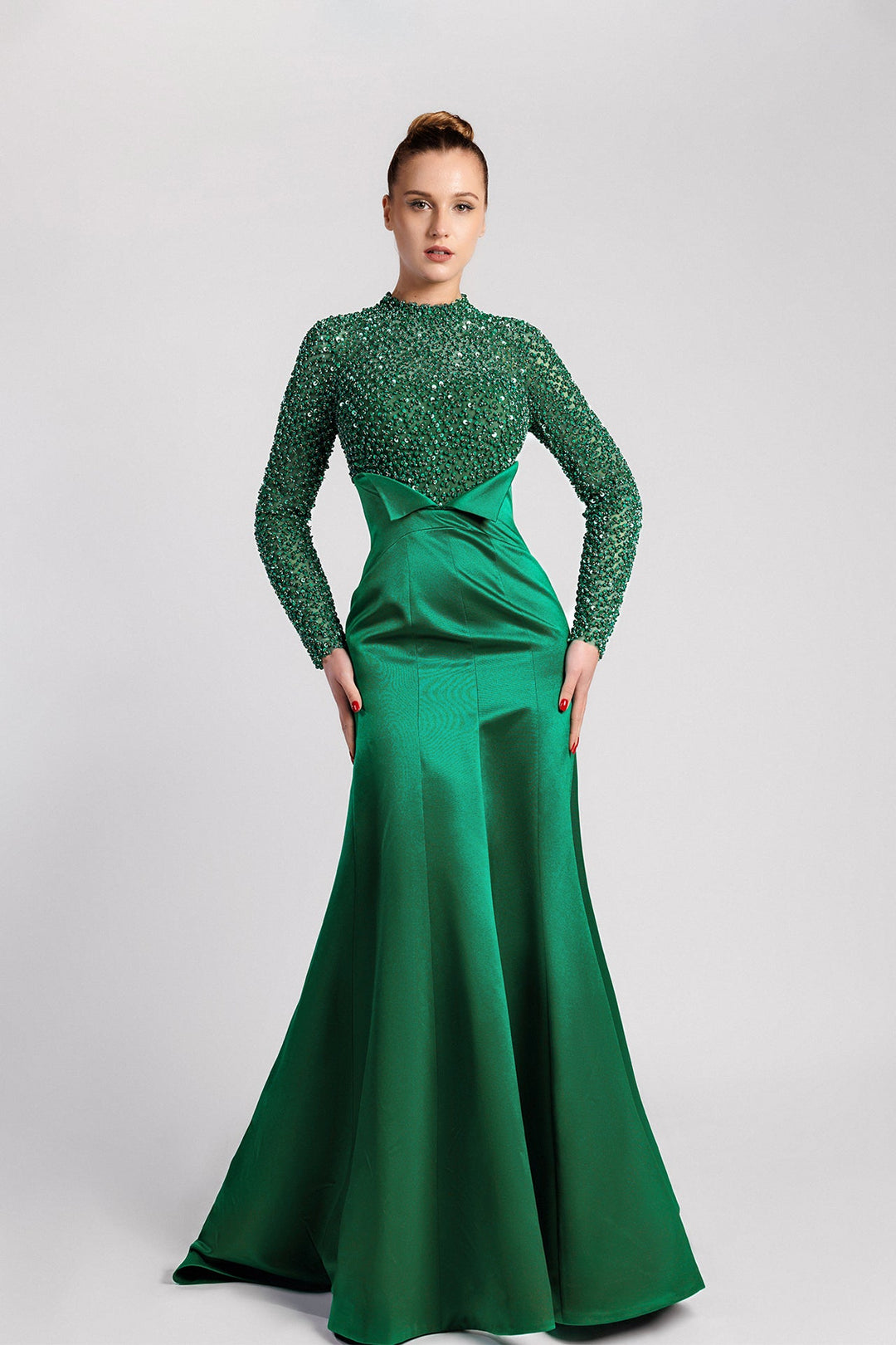 Mermaid Dress, Jewel Neckline, Sequin Sleeves, Satin Skirt, Sweep Train Emerald Green / FR 54 Mermaid Dress, Jewel Neckline, Sequin Sleeves, Satin Skirt, Sweep Train Emerald Green / FR 54