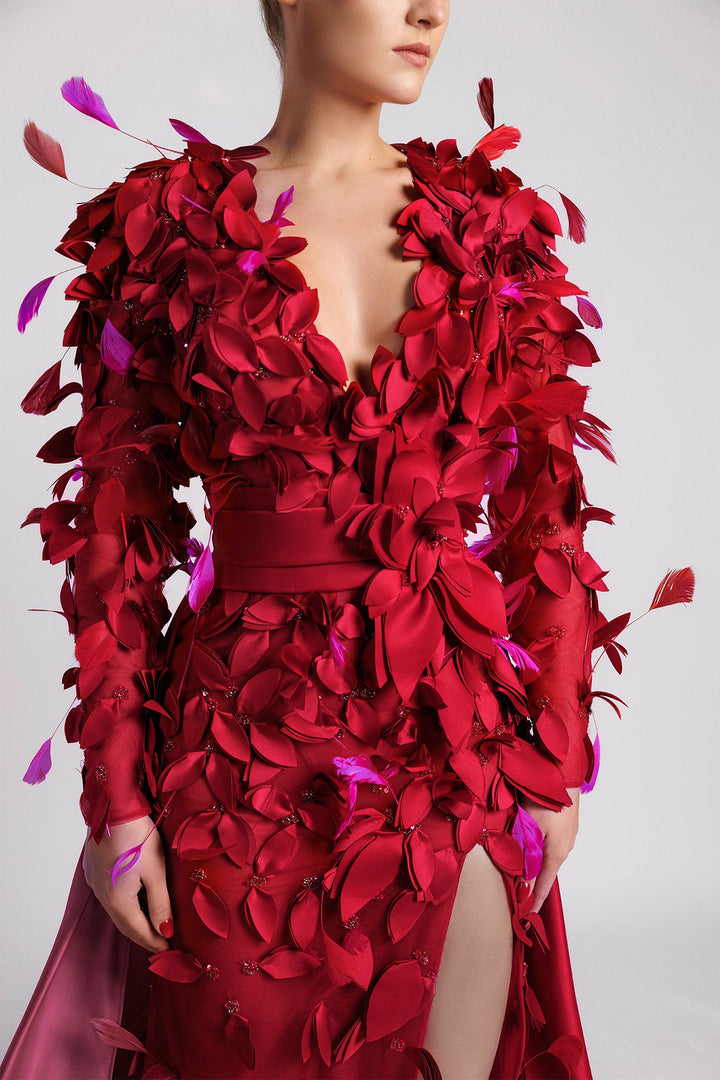 Tulle Dress, V Neckline, Satin Petals, Fuchsia Feathers, Belt, Side Slit.