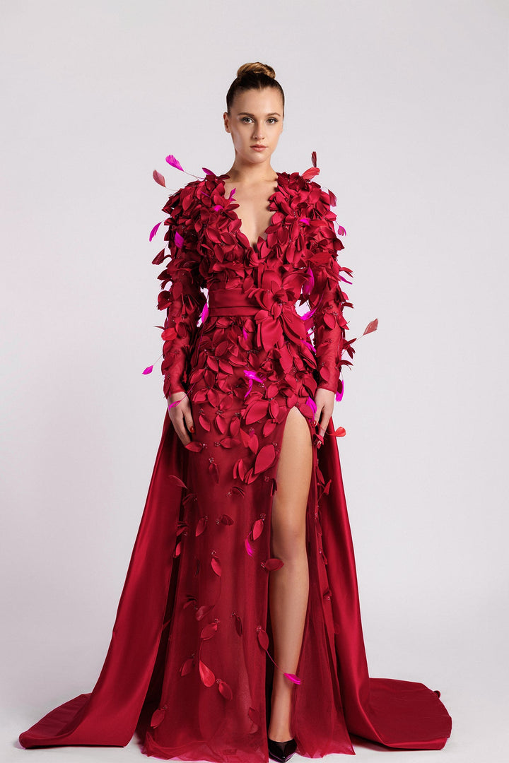 Tulle Dress, V Neckline, Satin Petals, Fuchsia Feathers, Belt, Side Slit.