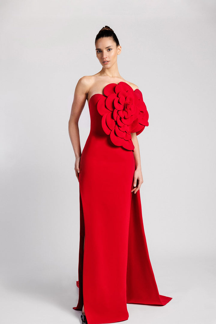 Crepe Dress, One-Shoulder, Large Flower, Straight-Cut, Side Slit, Side Train