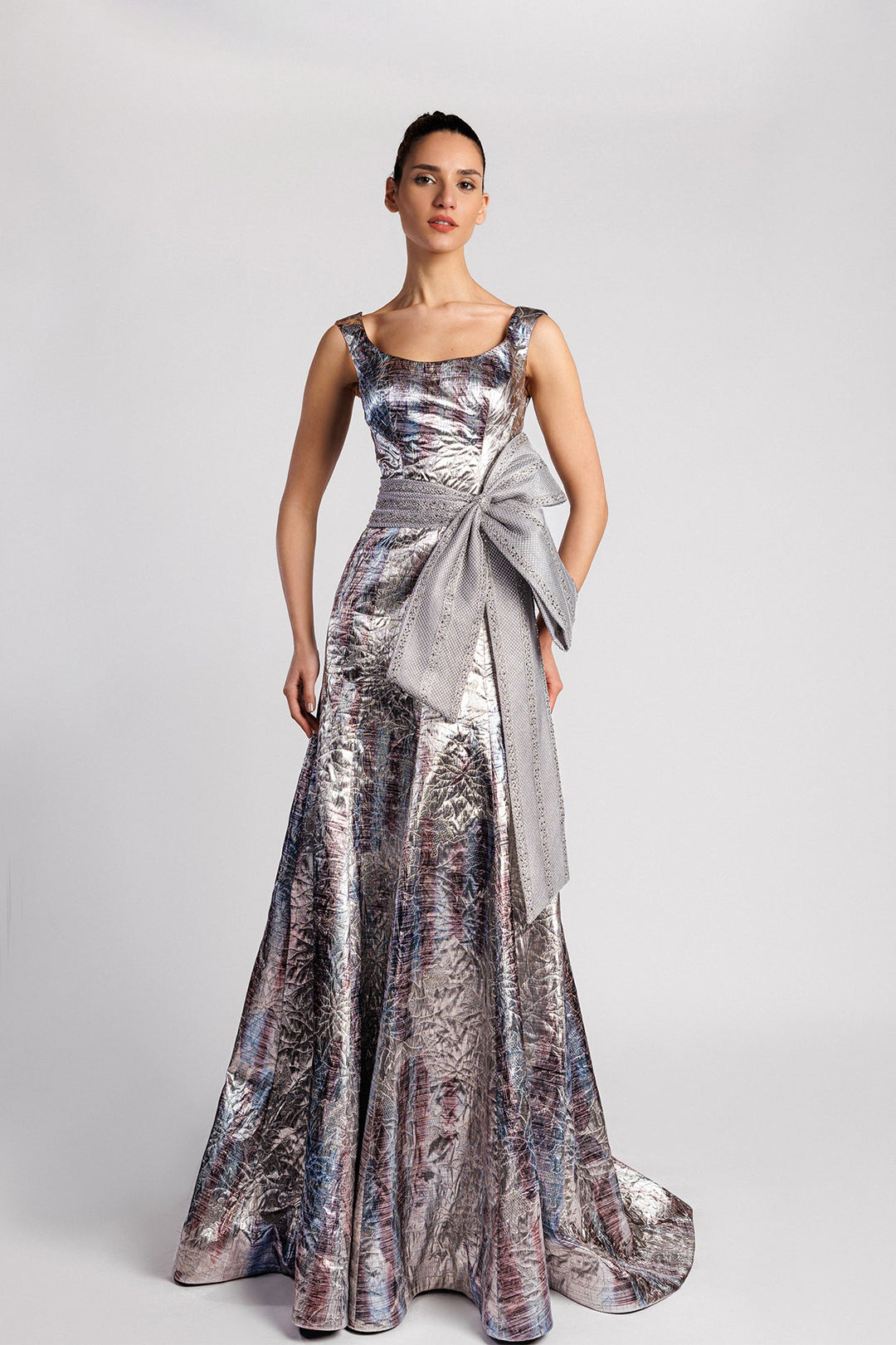 A-Line Dress, Square Neckline, Open Back, Banded Waist, Vertical Stripes Anthracite and Silver / FR 50 A-Line Dress, Square Neckline, Open Back, Banded Waist, Vertical Stripes Anthracite and Silver / FR 50