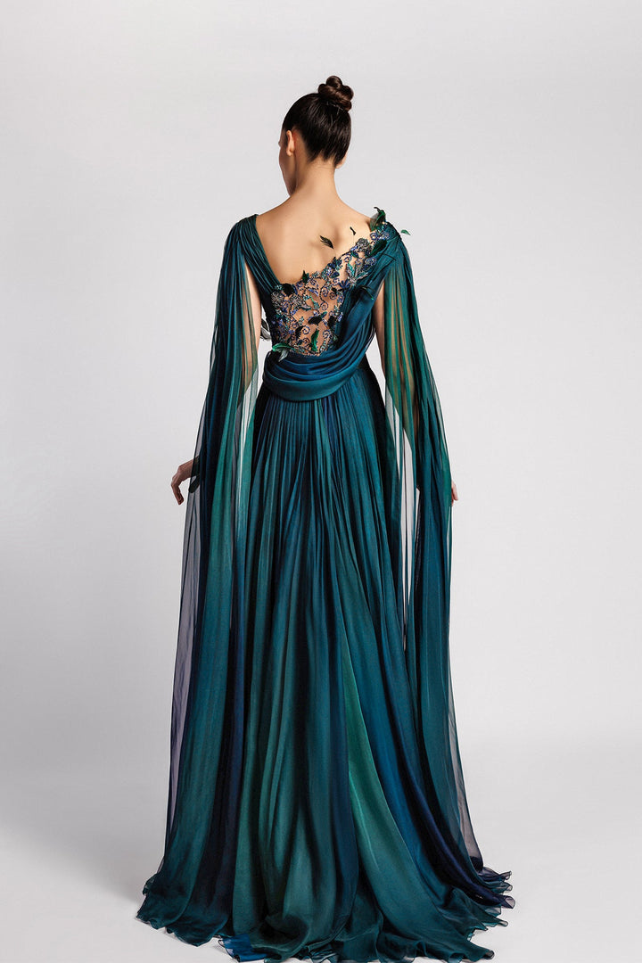 Chiffon Dress, Asymmetric Neckline, Cape Sleeves, Pleated Bodice, Tulle Back, Feathers