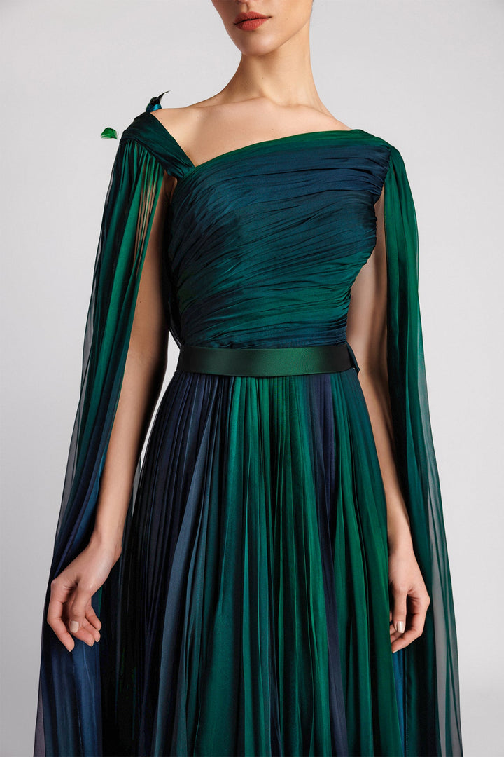 Chiffon Dress, Asymmetric Neckline, Cape Sleeves, Pleated Bodice, Tulle Back, Feathers