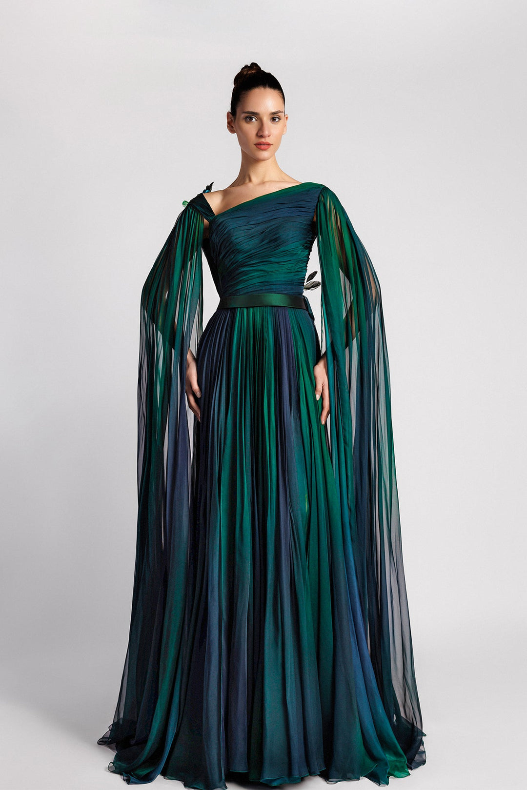 Chiffon Dress, Asymmetric Neckline, Cape Sleeves, Pleated Bodice, Tull M.R DESIGN Chiffon Dress, Asymmetric Neckline, Cape Sleeves, Pleated Bodice, Tull M.R DESIGN