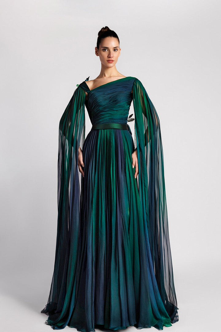 Chiffon Dress, Asymmetric Neckline, Cape Sleeves, Pleated Bodice, Tulle Back, Feathers