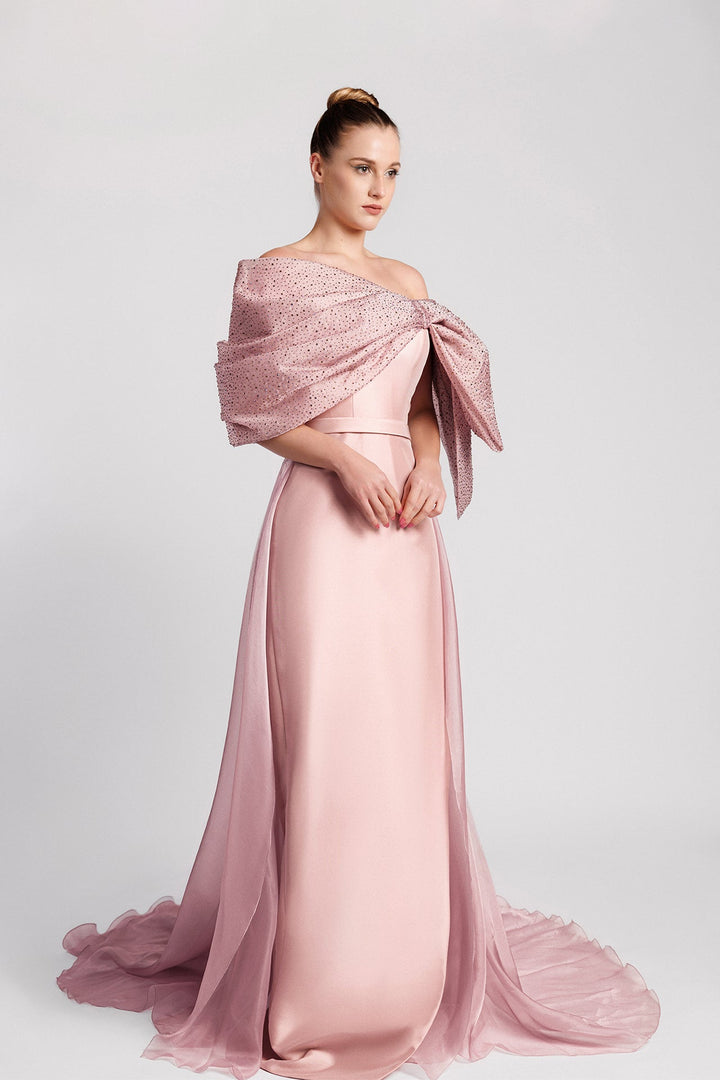 Pink Cadi Dress, Off-Shoulder, Bow, Crystals, Column Skirt, Train