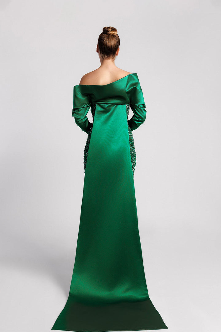 Off-Shoulder Column Dress, Asymmetric Neckline, Satin, Draped Sleeves, Watteau Train