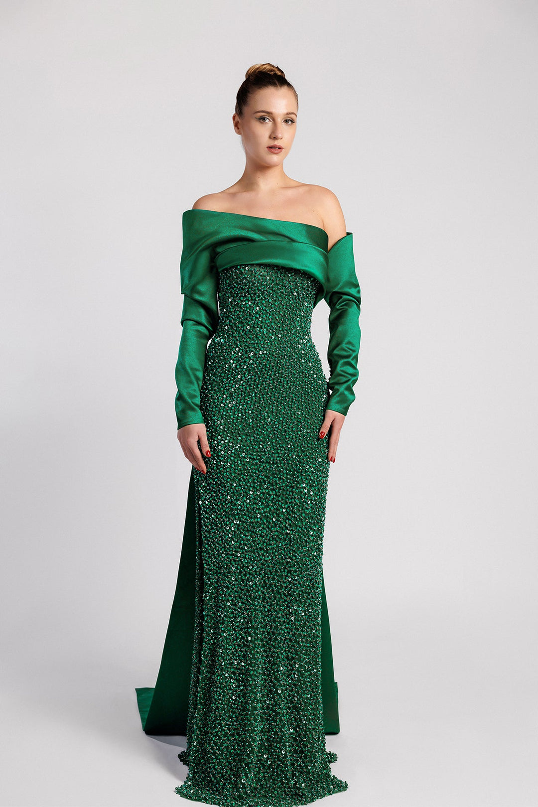 Off-Shoulder Column Dress, Asymmetric Neckline, Satin, Draped Sleeves, M.R DESIGN Off-Shoulder Column Dress, Asymmetric Neckline, Satin, Draped Sleeves, M.R DESIGN
