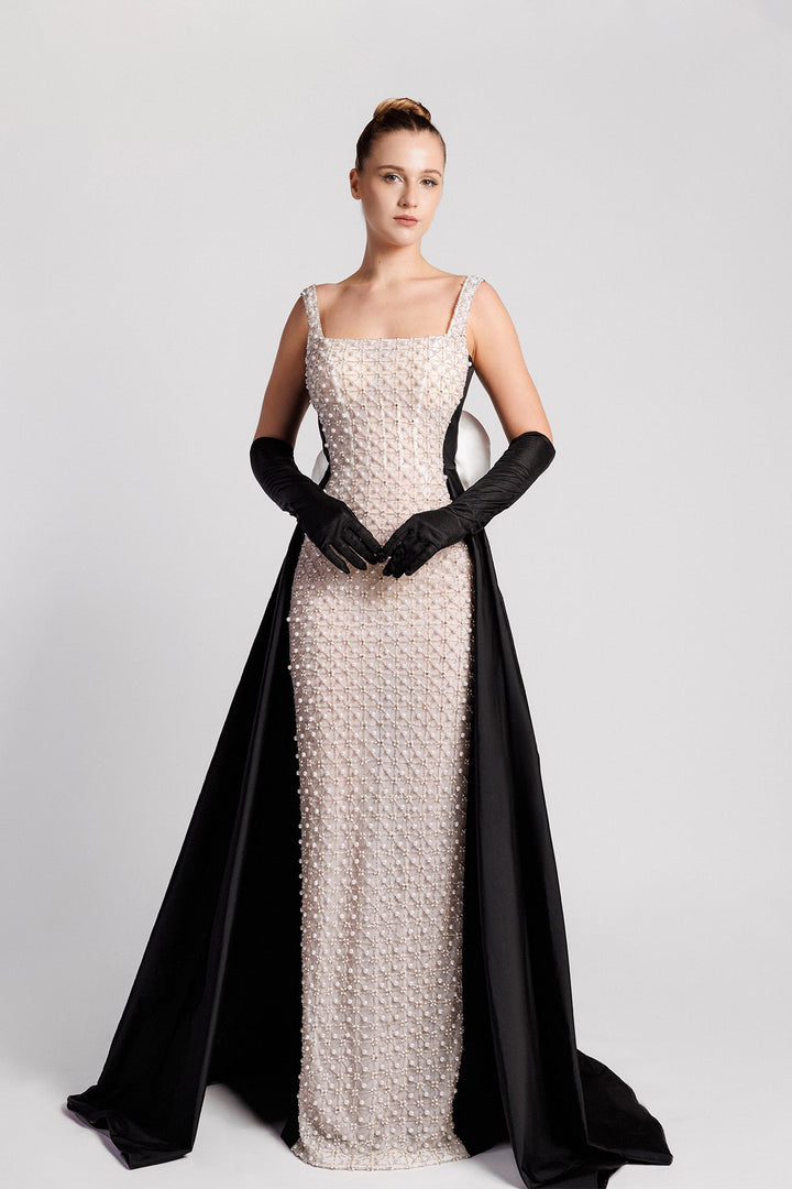 Sleeveless Fitted Column Dress with Pearl Embroidery and Taffeta Overskirt