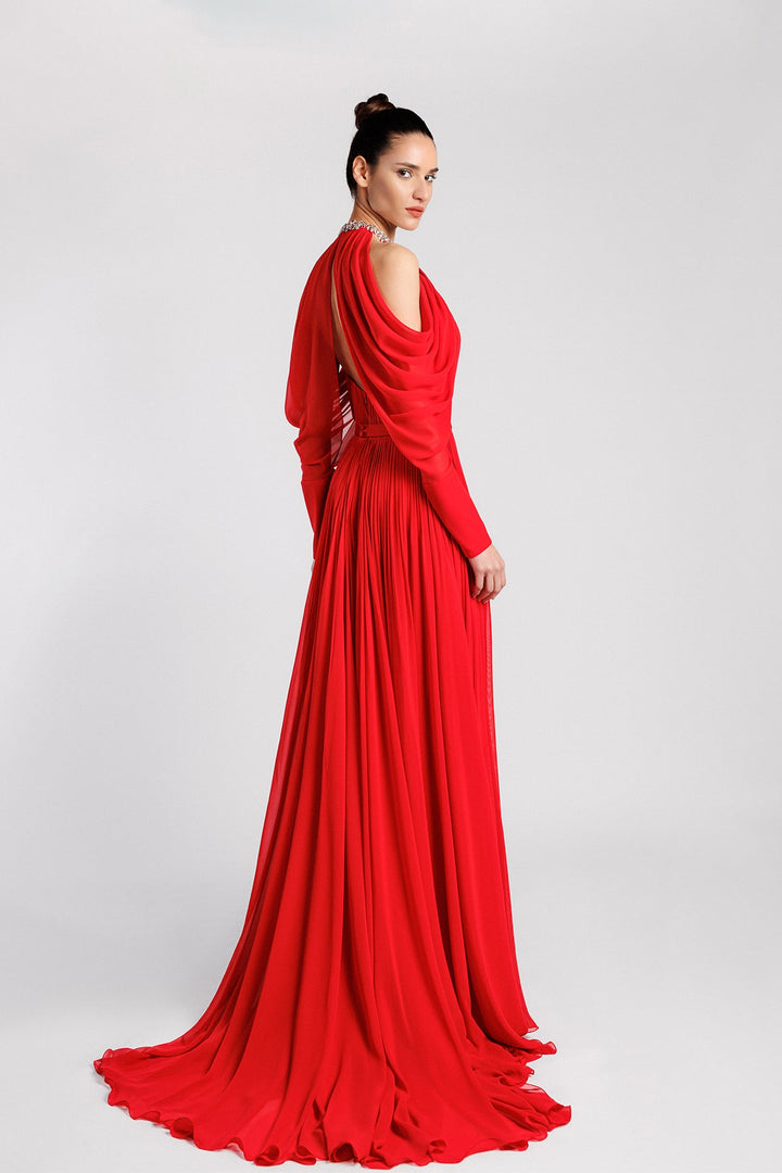 Crepe Georgette, Crystal Neckline, Cold-Shoulders, Tulle Keyhole, Pleated A-line