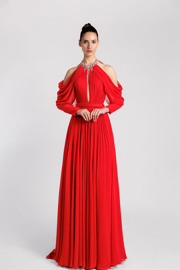 Crepe Georgette, Crystal Neckline, Cold-Shoulders, Tulle Keyhole, Pleated A-line