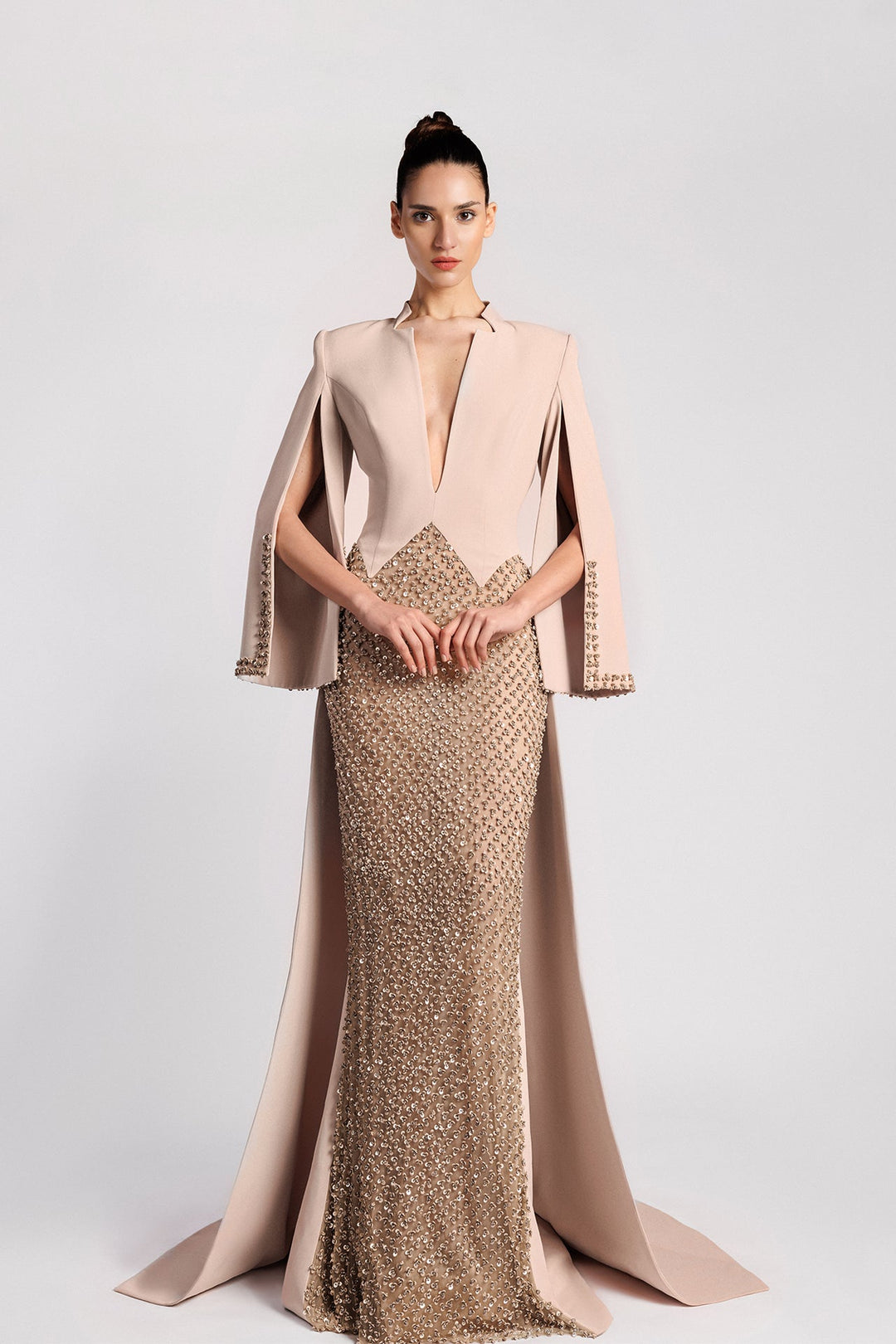 Pink Crepe Dress, V Neckline, Cape Sleeves, Gold Embroidery, Train M.R DESIGN Pink Crepe Dress, V Neckline, Cape Sleeves, Gold Embroidery, Train M.R DESIGN