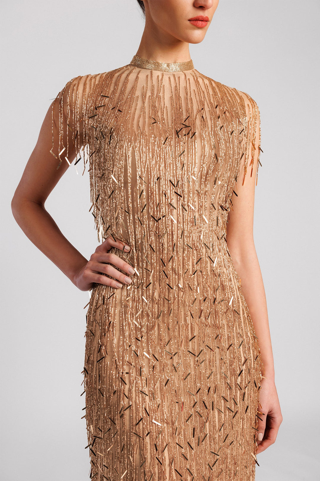 Column Dress, High Neck, Silenus Fringes, Embroidered Tulle, Open Back