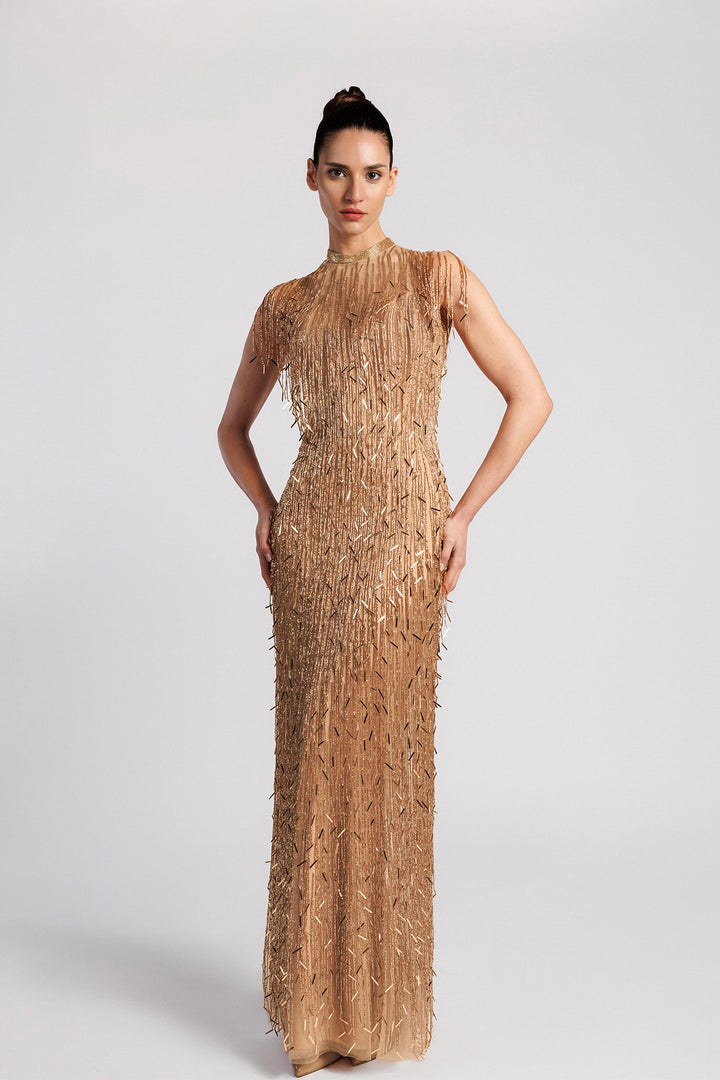 Column Dress, High Neck, Silenus Fringes, Embroidered Tulle, Open Back