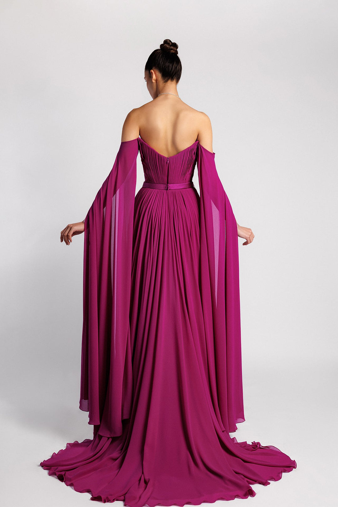 Halter Dress, Crystal Neck, Pleated Bodice, Cape Sleeves, Flared, Sweep Train