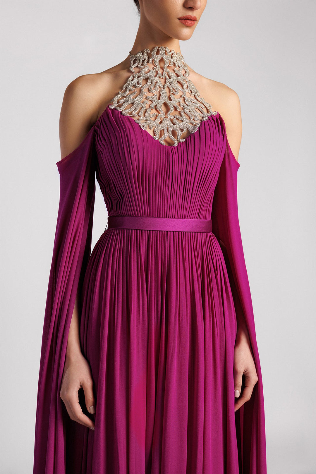 Halter Dress, Crystal Neck, Pleated Bodice, Cape Sleeves, Flared, Sweep Train