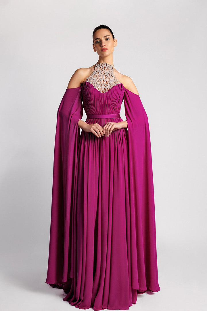 Halter Dress, Crystal Neck, Pleated Bodice, Cape Sleeves, Flared, Sweep Train