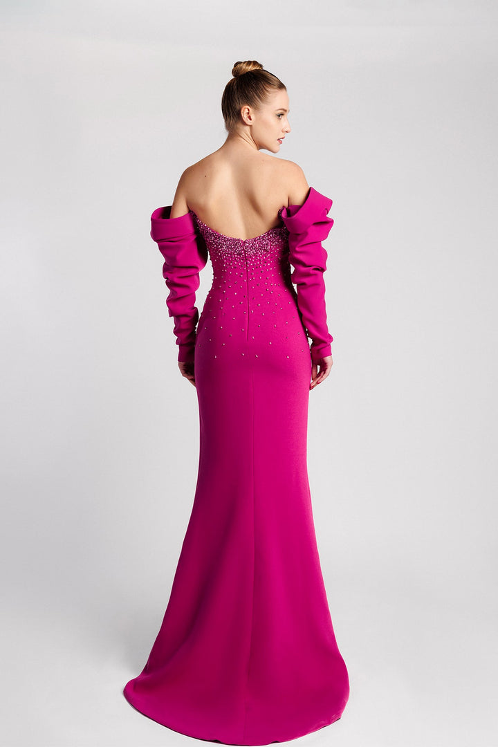 Off-Shoulder Mermaid Dress, Sweetheart Neckline, Beaded Bodice, Draped Sleeves, Slit