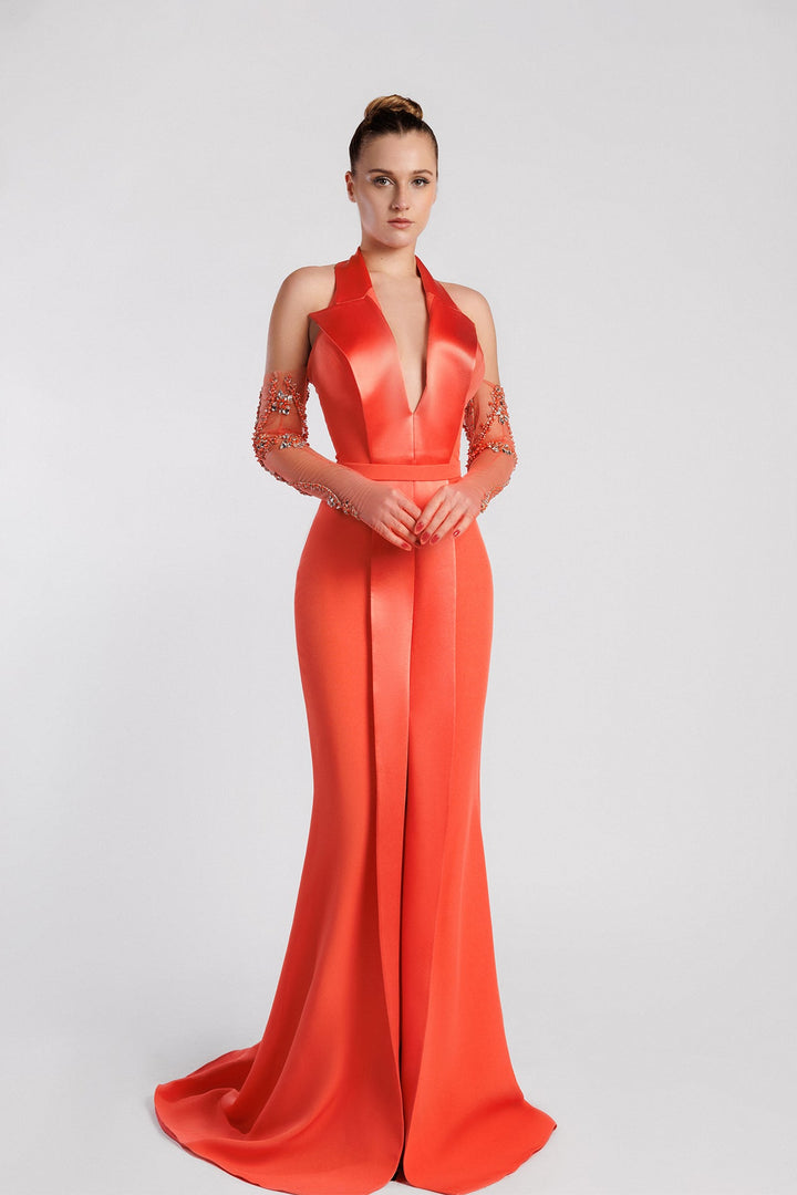 Halter Satin Dress, Plunging Neckline, Lapels, Mermaid Skirt, Front Slit, Tulle Gloves