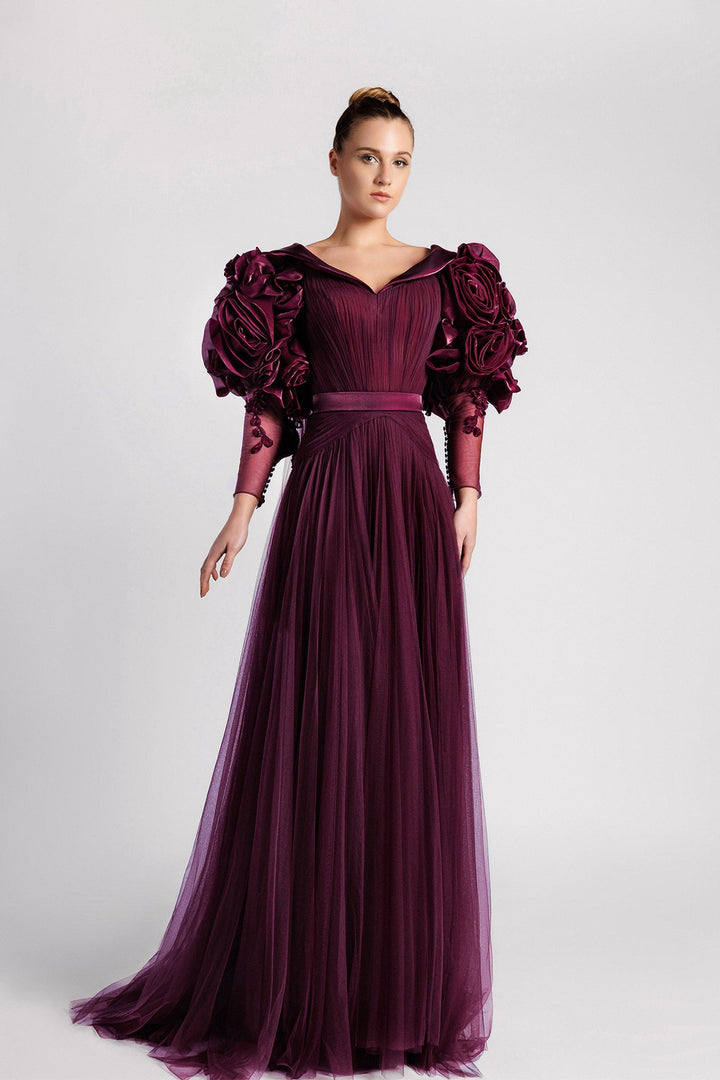 Long-Sleeved Tulle A-line Dress, Wide V Neckline, Puffy Sleeves, Organza Flowers