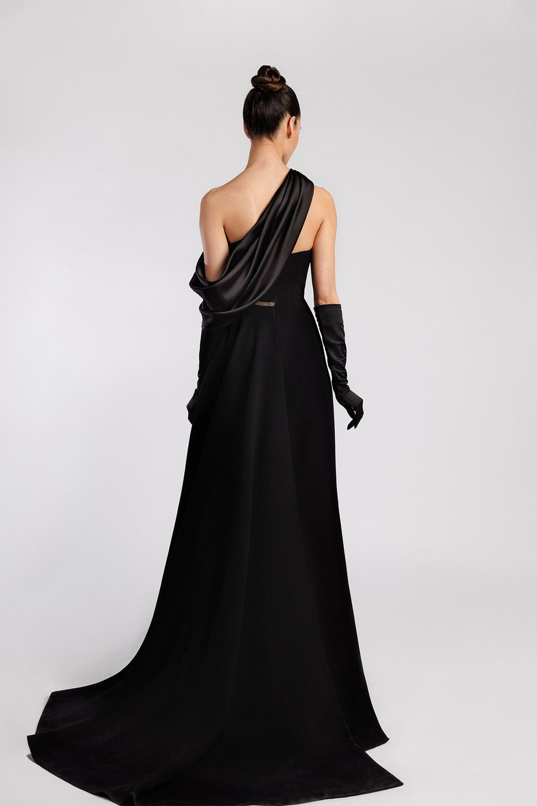 Crepe Dress, Asymmetric Neckline, Floral Embroidery, Satin Drape, Side Slit.