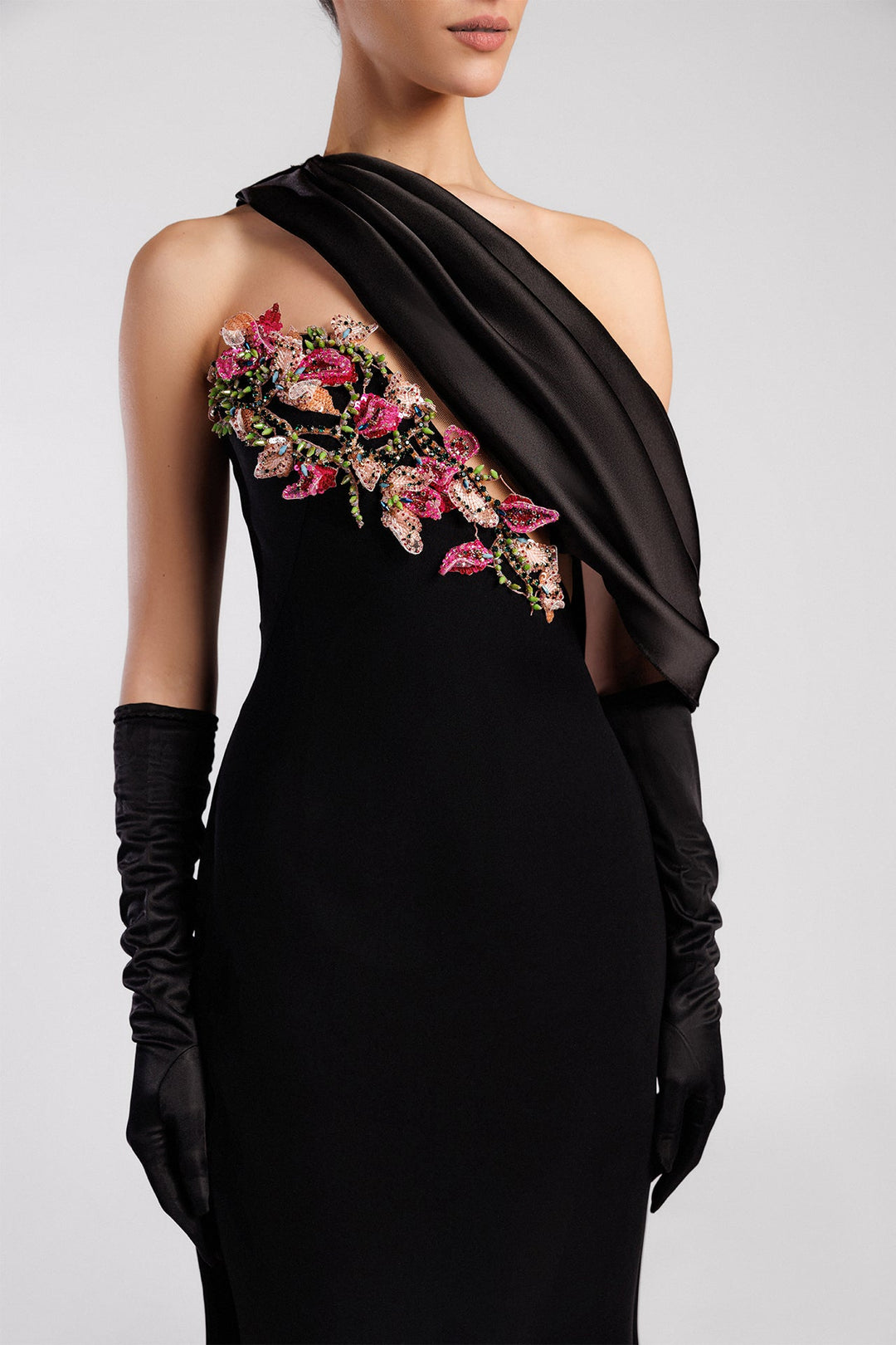 Crepe Dress, Asymmetric Neckline, Floral Embroidery, Satin Drape, Side Slit.