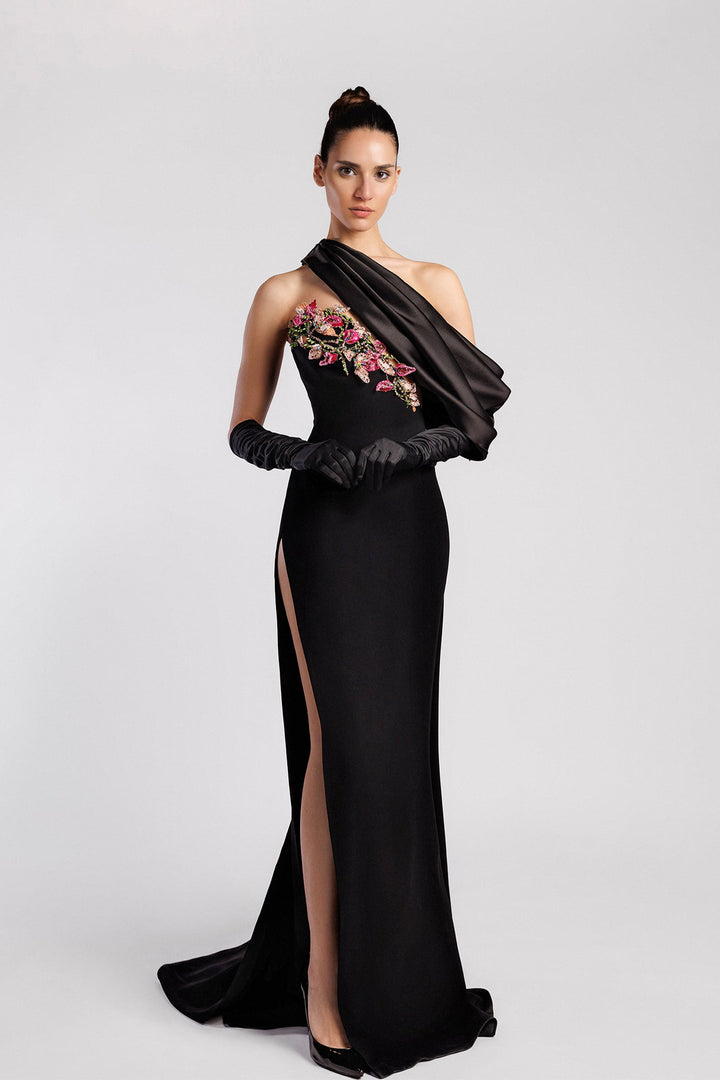 Crepe Dress, Asymmetric Neckline, Floral Embroidery, Satin Drape, Side Slit.