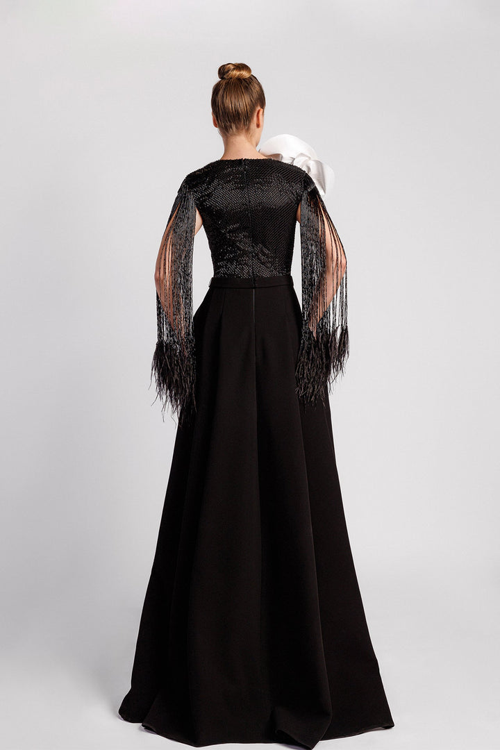 Fitted Column Skirt, V Neckline, Fringe Sleeves, Taffeta Flower, Sweep Train