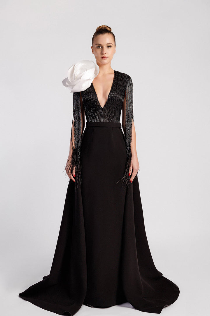 Fitted Column Skirt, V Neckline, Fringe Sleeves, Taffeta Flower, Sweep Train