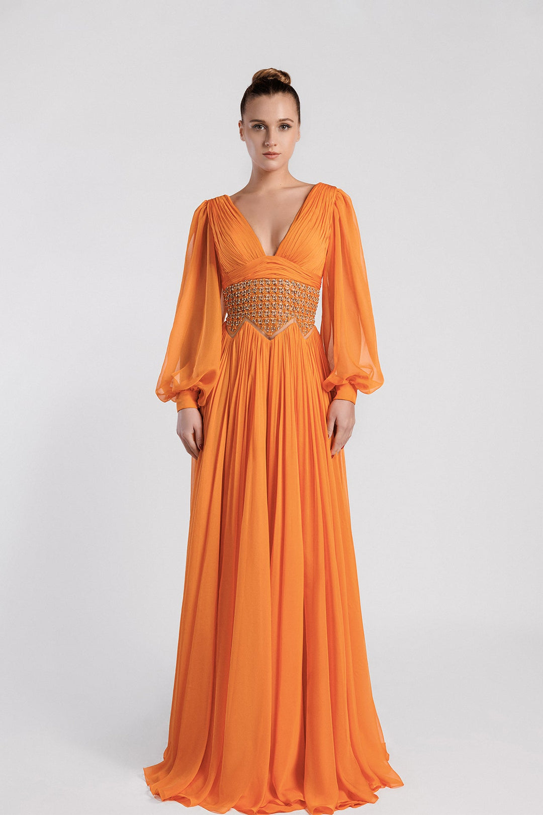 Chiffon Dress, V Neckline, Puffed Sleeves, Embroidery, Zigzag, A-Line Skirt Orange / FR 50 Chiffon Dress, V Neckline, Puffed Sleeves, Embroidery, Zigzag, A-Line Skirt Orange / FR 50