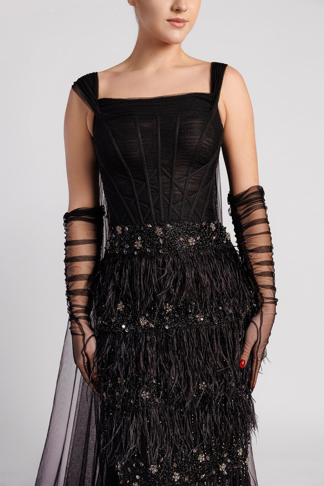 Straight-Cut Dress, Square Neckline, Corset Bodice, Tulle Gloves, Feathered Skirt