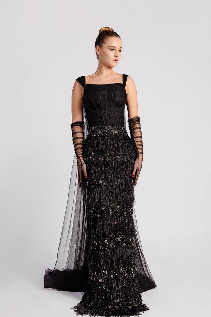 Straight-Cut Dress, Square Neckline, Corset Bodice, Tulle Gloves, Feathered Skirt