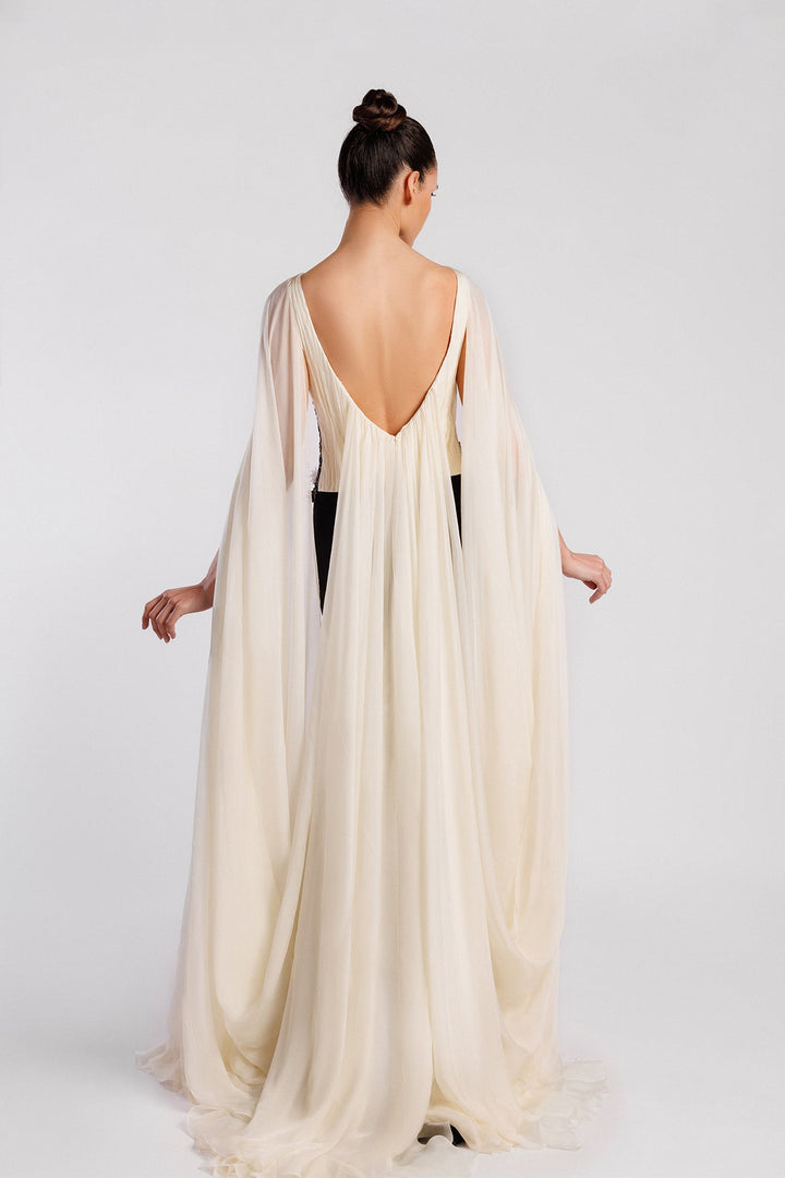 Dress, Bateau Neckline, Embroidered Bodice, Cape Sleeves, Front Slit, Watteau Train