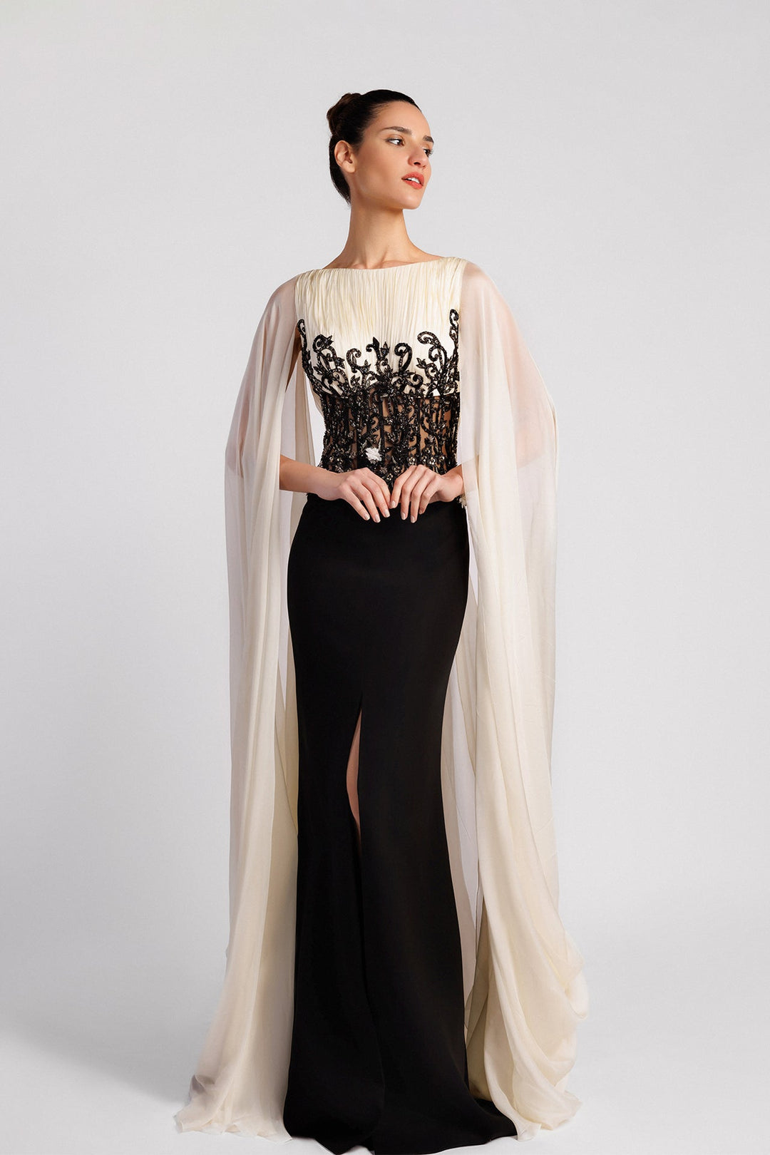 Dress, Bateau Neckline, Embroidered Bodice, Cape Sleeves, Front Slit, Watteau Train Black & Ivory / FR 50 Dress, Bateau Neckline, Embroidered Bodice, Cape Sleeves, Front Slit, Watteau Train Black & Ivory / FR 50