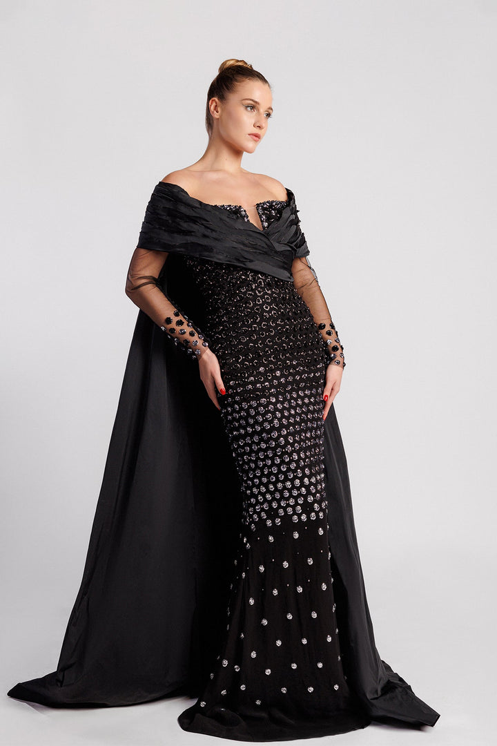 Off-Shoulder Chiffon Mermaid Dress, Sequin Sleeves, Watteau Train