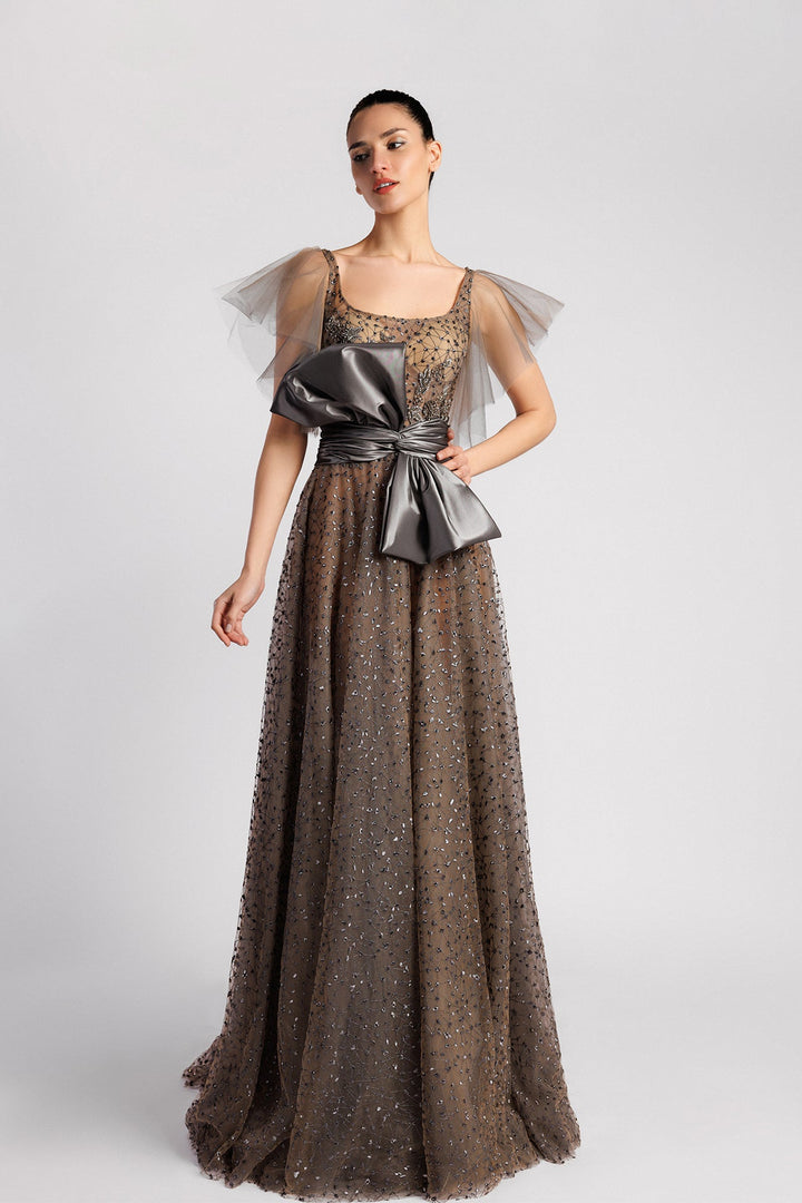 Tulle A-Line Dress, Square Neckline, Lurex Bodice, Taffeta Bow, Sweep Train