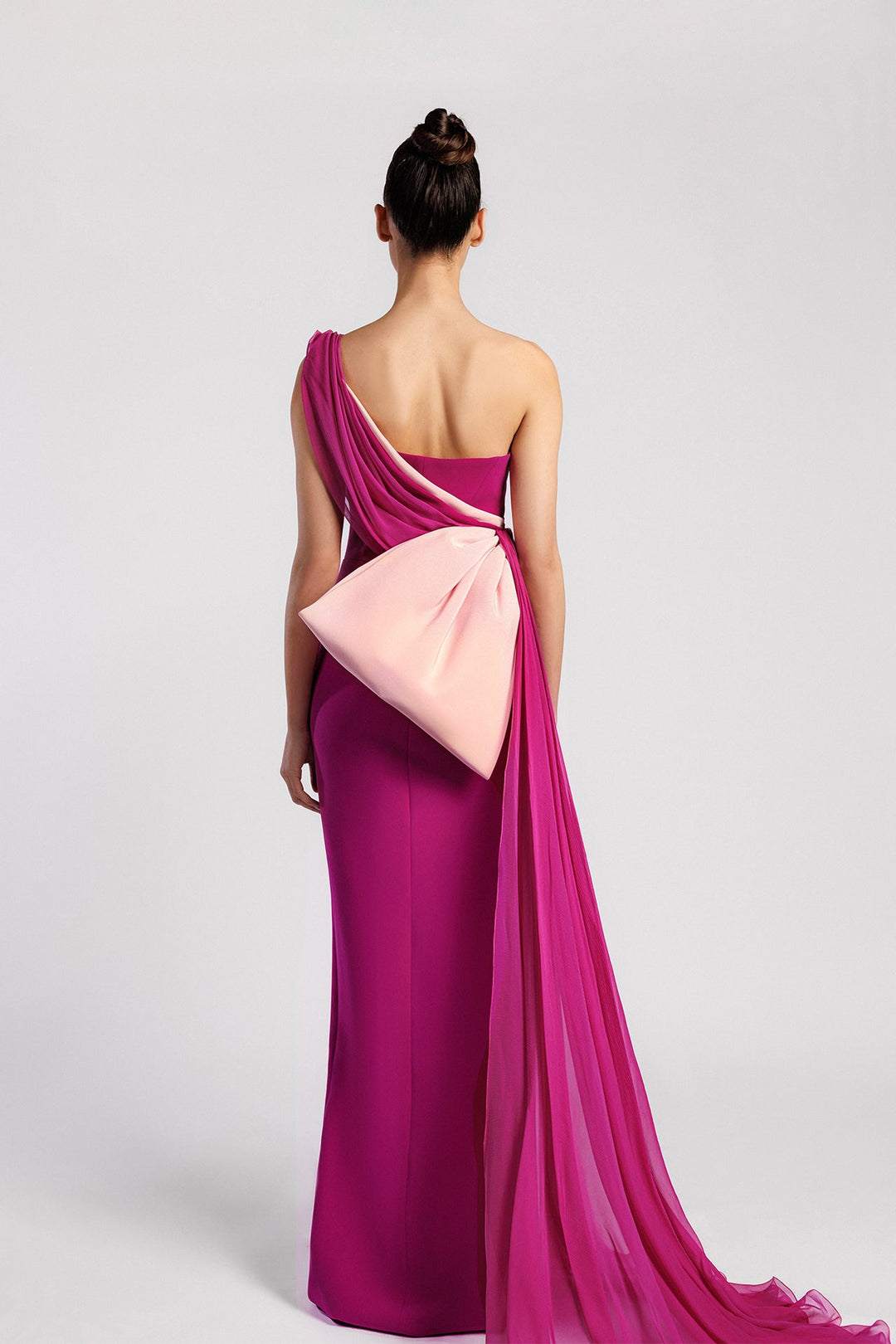 One-Shoulder Fitted Dress, Draped Chiffon, Side Train, Bow, Straight Skirt